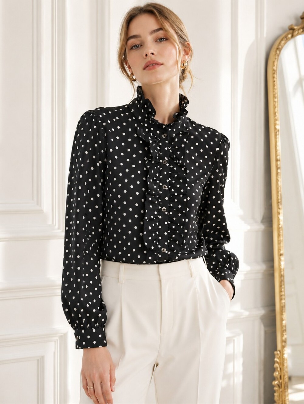 Black & White Polka Dot Ruffle Blouse | Long Sleeve Button Front | XXL - Picture 1 of 8